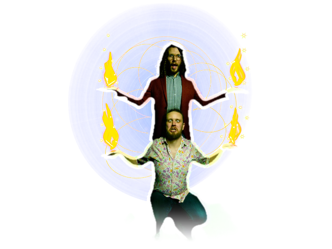 Deux participants prennent la pose au milieu d’une projection bleue, des flammes jaunes dans les mains.