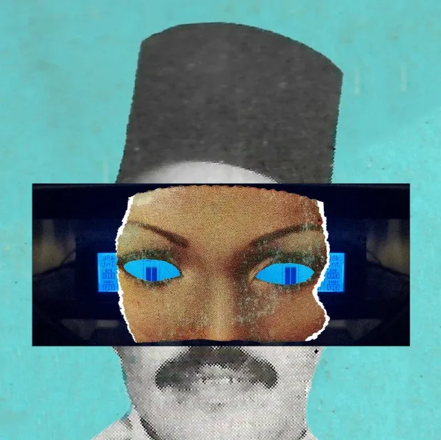 Portrait-collage d’Aziz Konkrite : visage découpé, yeux bleus, fond turquoise.